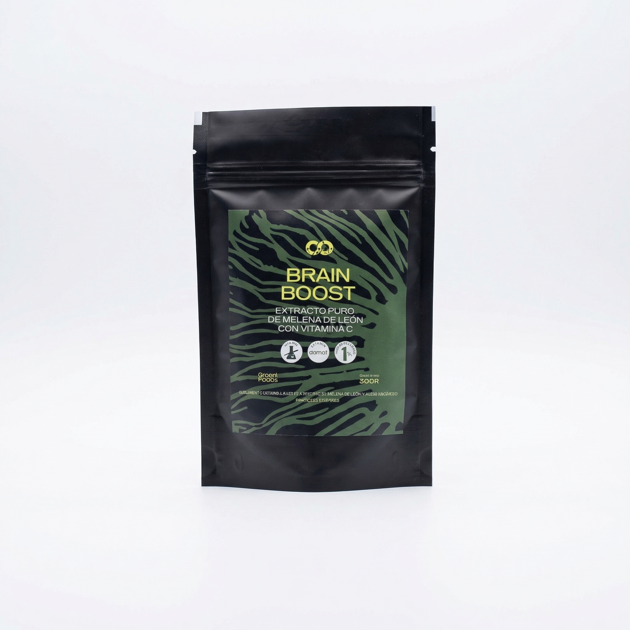 Brain Boost, presentación en doypack negro con etiqueta