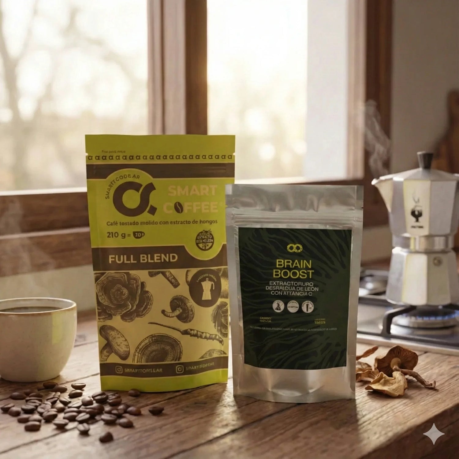 Café funcional molido con melena de león